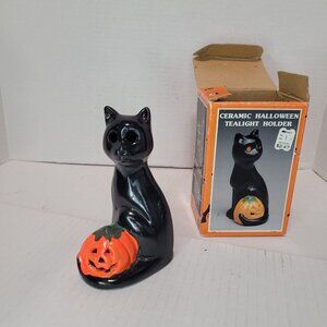 Vintage Ceramic Kmart Halloween Tea Light Candle Holder Witch Black Cat Pumpkin